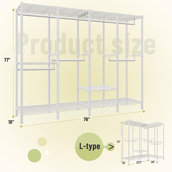 Raybee Clothing Racks for Hanging Clothes,Heavy Duty Clothes Rack with Shelves,Portable Closet Adjustable,76" W x 77" H x 18" D,Max Load 1150lbs,White