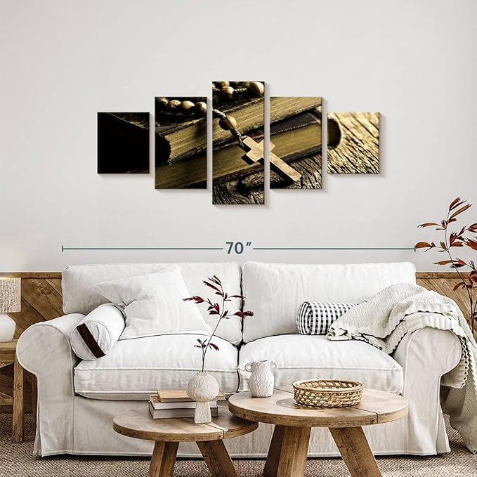 Elephant Stock Bible And Cross Wall Art Multi Piece Canvas - 5 Panel Christian Pictures Decor - Digital Design Canvas Print - Christian Wall Decor - 55" X 24"