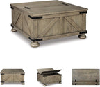 Signature Design by Ashley Aldwin Farmhouse Square Coffee Table with Lift Top for Storage, Grayish Brown