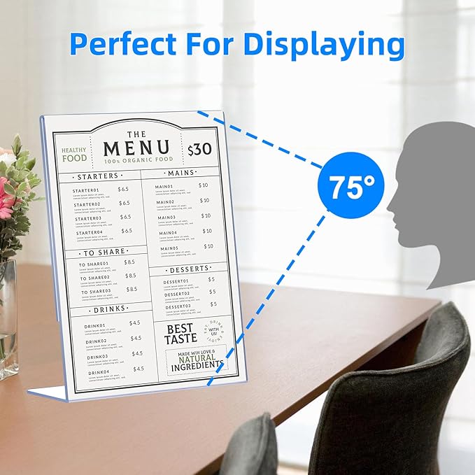 18 Pack Acrylic Sign Holder 8.5 x 11, Clear Plastic Display Stands for Tabletop, L-Shape Acrylic Stands for Flyers, Documents, Office, Restaurants, Vertical Sign Holder 8.5x11 for Desktop