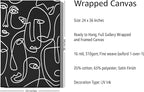 Abstract Face Pattern Wrapped Canvas Wall Art Black Background White Continuous Line Drawing 24x36 Inch Gallery Stretched Modern Home Art Decor