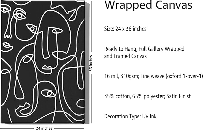 Abstract Face Pattern Wrapped Canvas Wall Art Black Background White Continuous Line Drawing 24x36 Inch Gallery Stretched Modern Home Art Decor