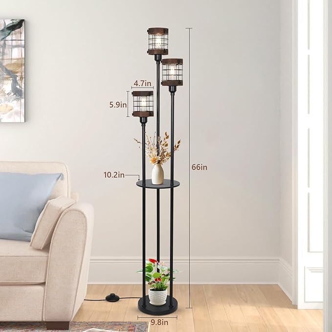 Airposta Vintage Floor Lamp with Shelves, Farmhouse Wood Floor Lamps for Living Room, Black Standing Lamp for Bedroom, Industrial Floor Lamp with Table, Rustic Tall Lamp for Office Corner Home Décor