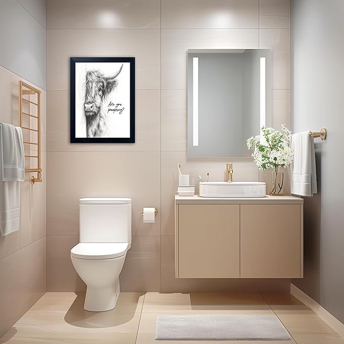 Gongyuanyihao Arts Funny Highland Cow Bathroom Wall Art with Black Frame, Are You Pooping Sign for Farmhouse Restroom Decor, Rustic Humorous Canvas Print Painting Ready to Hang 16"x20"