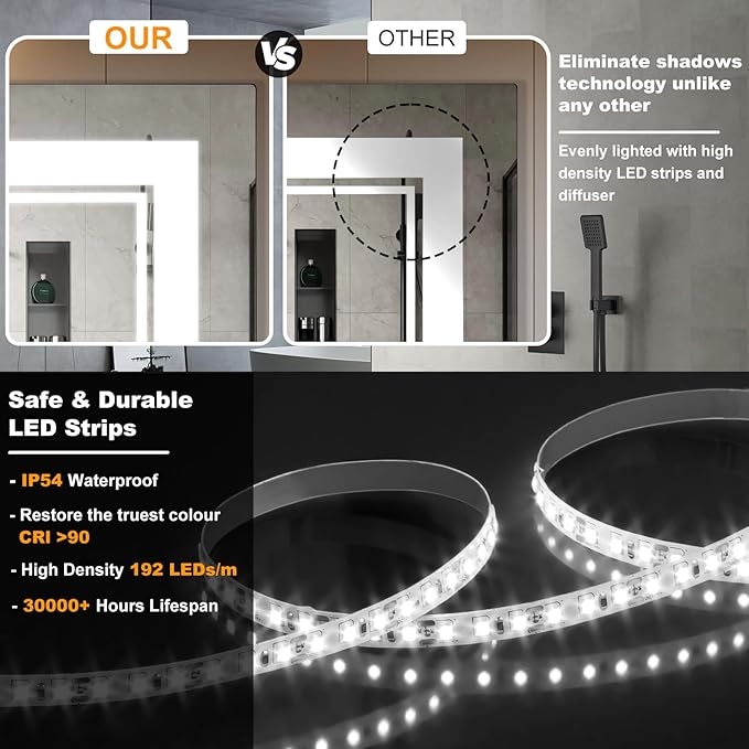 72x36 Inch LED Bathroom Mirror with Frontlit & Backlit（Independent Control）, Lighted Mirror for Bathroom Wall with 3-Color Dimmable & Anti-Fog, Vanity Mirror with Lights
