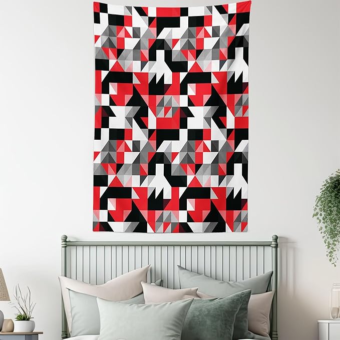 Ambesonne Abstract Tapestry, Abstract Geometric Half Triangles Squares Maze Inspired Image, Fabric Wall Hanging Decor for Bedroom Living Room Dorm, 30" X 45", Charcoal Vermilion