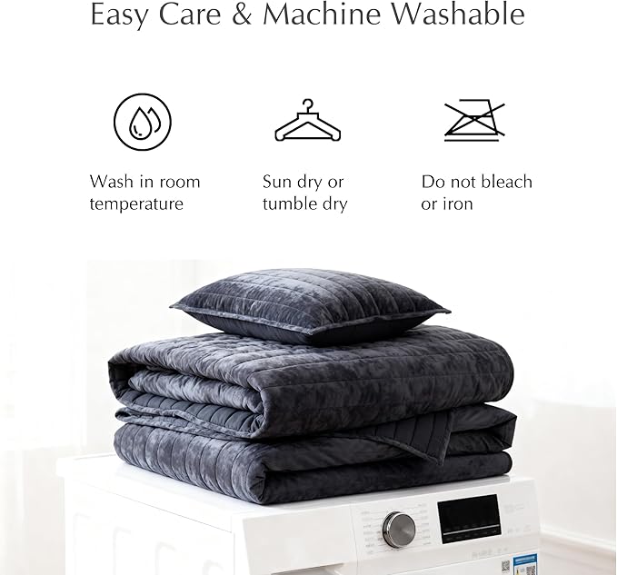 WRENSONGE Velvet King Size Quilt Set-3 Pieces Blue Grey Luxurious Velvet Striped Channel Comforter with 2 Shams, Soft Bedspread Coverlet Quilted Bedding Set for All Season