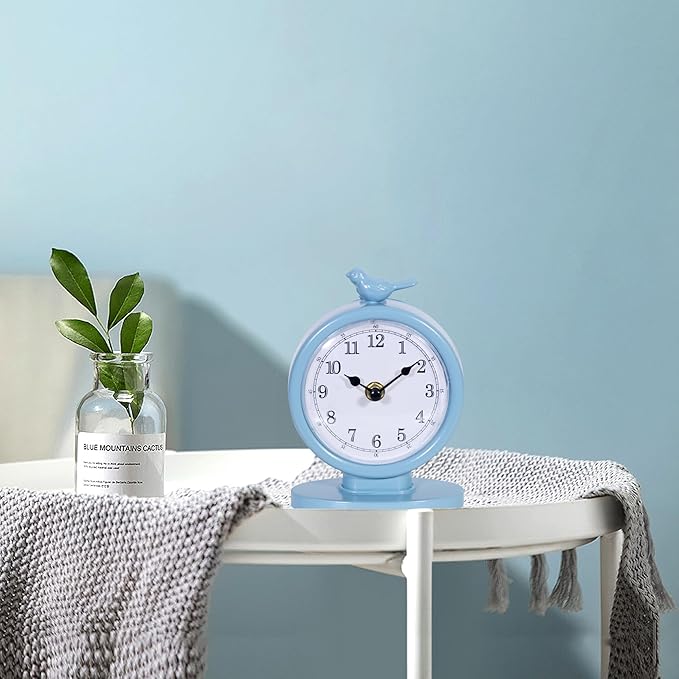 Mantel Clock, Classic Vintage Clocks and Decorative Shelf Decor, Silent Analog Desk Clocks with Light Vintage Metal Table Clock for Living Room Shelf Bedside Home Decor (Cornflower Blue)