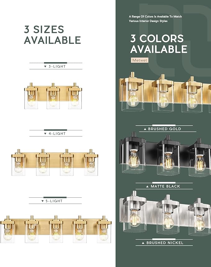 Bathroom Light Fixtures, 25" Brushed Gold Vanity Light, 4-Light Modern Wall Sconces with Square Clear Glass Shade, Vanity Lighting Fixtures Over Mirror, VL194-BG-4