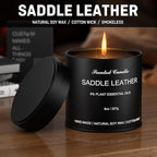 Men's Scented Candle, Saddle Leather - Luxury Masculine Aromatherapy Soy Wax Candle with 8% Essential Oils, Strong Scented Long Lasting 40 Hours, 8oz Tin, Gift Candles for Men
