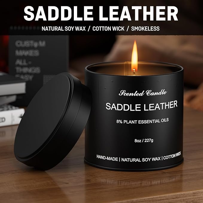 Men's Scented Candle, Saddle Leather - Luxury Masculine Aromatherapy Soy Wax Candle with 8% Essential Oils, Strong Scented Long Lasting 40 Hours, 8oz Tin, Gift Candles for Men