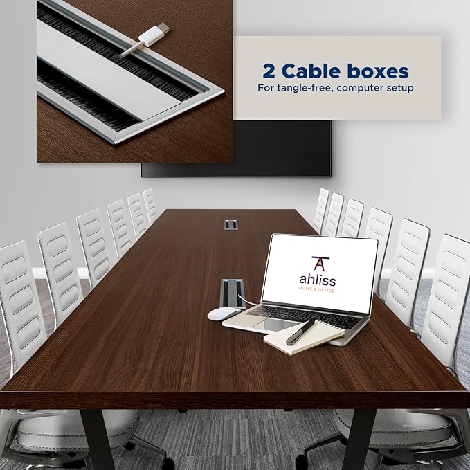 Sturdy Conference Table with Cable Management Grommets Modern Rectangle Office Meeting Table with Wood Tabletop and Metal Frame & Legs- Easy Assembly Boardroom Table (Dark Brown, 12 Foot)