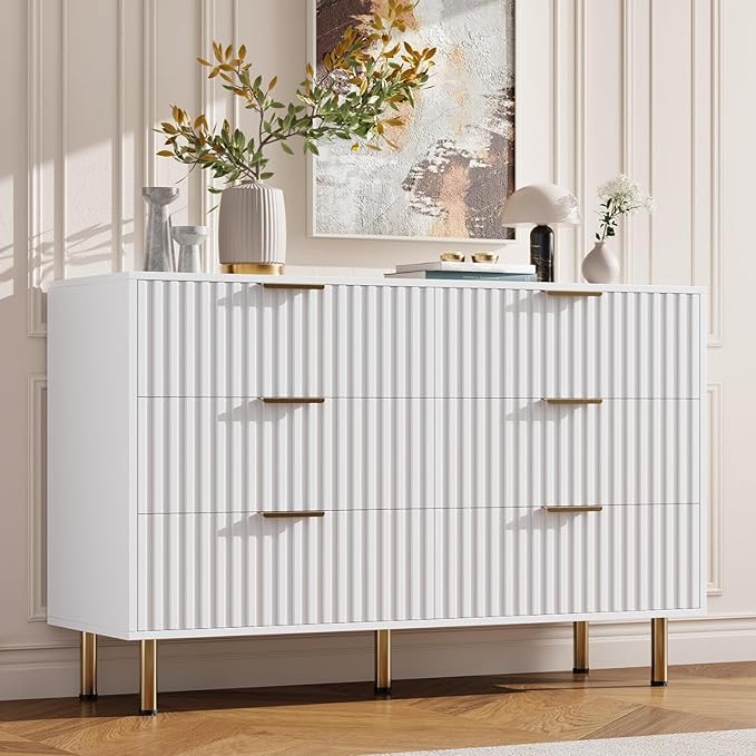 GarveeHome White 6 Drawer Dresser for Bedroom, Fluted 47.2 in Wide Modern Chest of Drawers with Deep Drawers, Long Large Double Dresser TV Stand for Living Room, Hallway, Kids Room