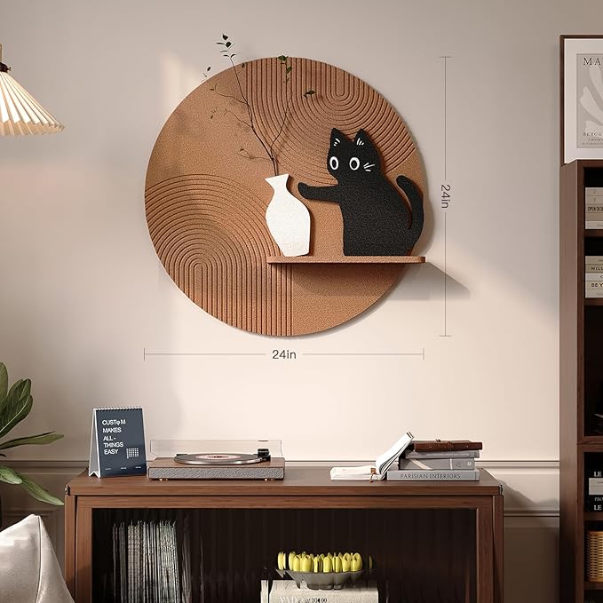 Troartos 3D Textured Round Abstract Wall Art for Living Room, Modern Brown Black and White Cat Design With Shelf, Minimalist Geometric Wall Decor for Hallway, Dining Room, Bedroom, Office, 24x24 Inch