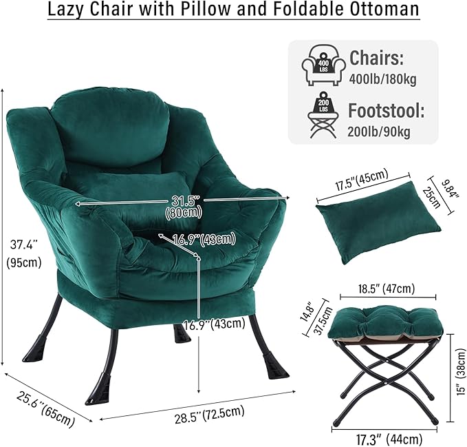 Lazy Chair with Ottoman, Modern Accent Chair with Lumbar Pillow, Velvet Dark Green Sofa, Lounge Chairs with Folding Footrest, Oversized Supportive Chairs for Bedroom, Reading
