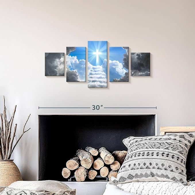 ElephantStock Stairway To Jesus Christ Wall Art Multi Piece Canvas - 5 Panel Christian Pictures Decor - Digital Design Canvas Print - Christian Wall Decor - 29" X 12"