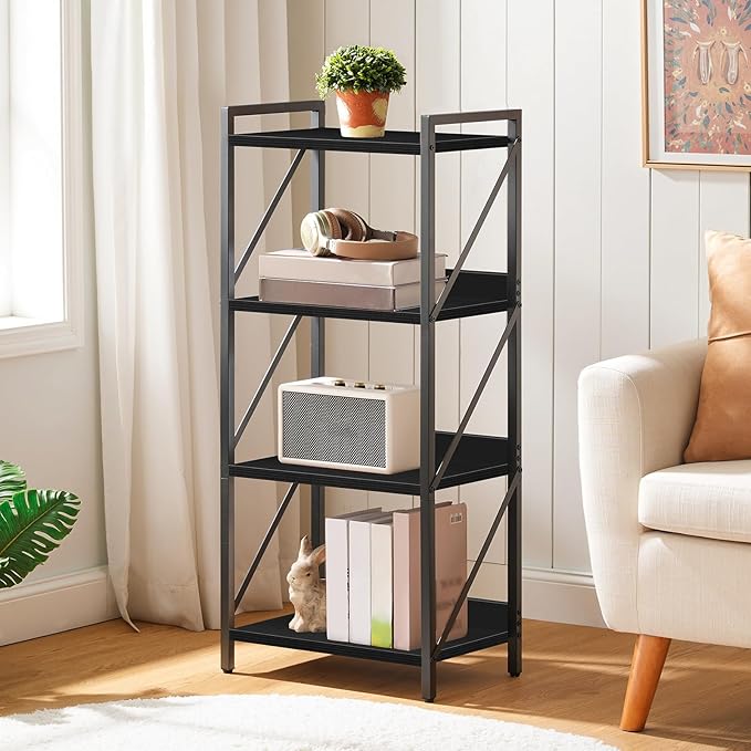 HOOBRO Bookshelf, 4-Tier Industrial Bookcase, Book Shelf Storage Organizer, Small Bookshelf with Metal Frame for Living Room, Bedroom, Home Office, Kitchen, Black BB40SJ01