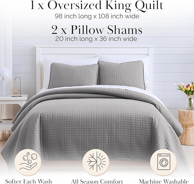 Southshore Fine Living, Inc. Comforter Quilt, King Size Bedding Set, Cal King Quilt Coverlet Set with 2 Shams, Soft Brushed Lightweight Bedspread, Pet Hair Resistant, Steel Grey