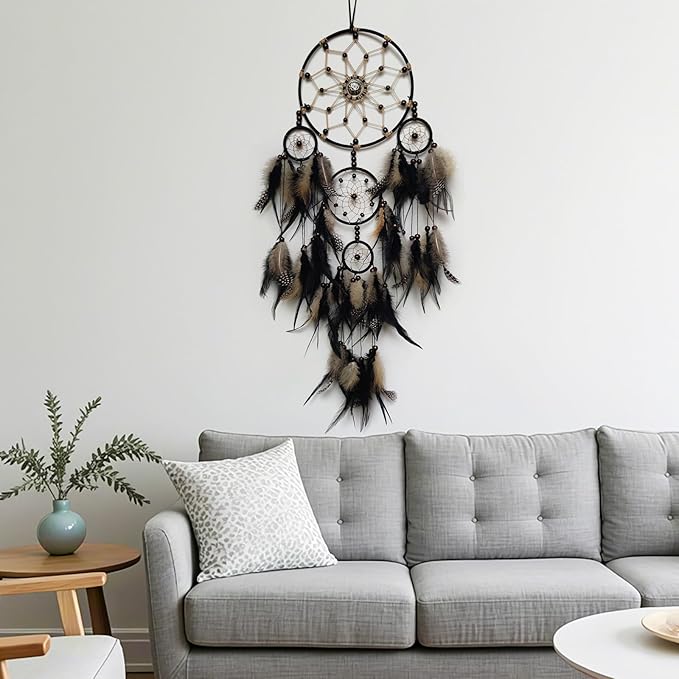 Large Dream Catcher Wall Decor Brown and Black Dream Catchers with Tree of Life Pendant Bead Handmade Feather Dreamcatcher Wall Hanging Ornament for Bedroom Living Room Home Decor