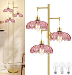 Vintage Floor Lamps for Living Room-3 Light Gold Dimmable Floor Lamp with Three Bulbs & Glass Lampshape, Mid Century Modern Standing Lamp Tree Tall Flower Floor Lamp for Bedroom Living Room,Corner