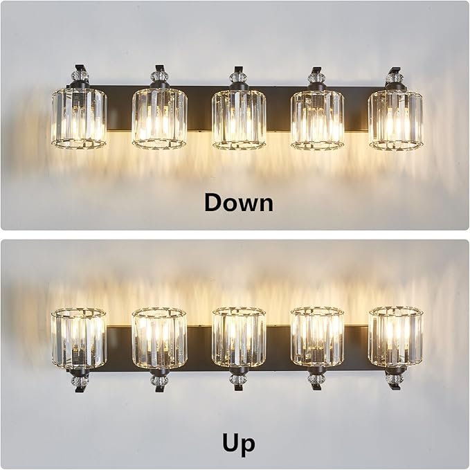 5-Light Black Bathroom Light Fixture Modern Vanity Lights Over Mirror Vintage Wall Sconce Lighting for Bathroom, Bedroom, Living Room, Hallway E26 Base with Crystal Bathroom Vanity Light