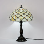 Tiffany Lamp Vintage White Cream Stained Glass Bead Table Lamp Desk Bedside Reading Light Decor Bedroom Living Room Home Office D12*H18 Inches