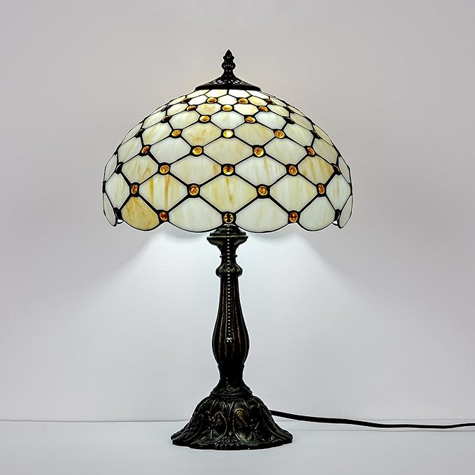 Tiffany Lamp Vintage White Cream Stained Glass Bead Table Lamp Desk Bedside Reading Light Decor Bedroom Living Room Home Office D12*H18 Inches
