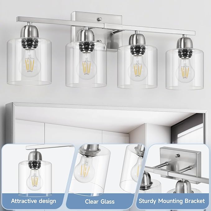 Modern Brushed Nickel 4 Light Bathroom Light Fixtures, 24 inch Vanity Lights for Bathroom with Clear Glass, Vanity Lights for Mirror Kitchen Living Room Hallway Cabinet Porch