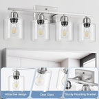 Modern Brushed Nickel 4 Light Bathroom Light Fixtures, 24 inch Vanity Lights for Bathroom with Clear Glass, Vanity Lights for Mirror Kitchen Living Room Hallway Cabinet Porch