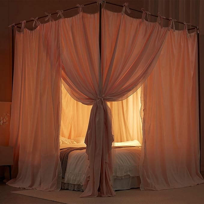 4 Corners Post Princess Curtain Bed Canopy Double Layer Cozy Mosquito Net Mesh and Cloth for Girls Adults Bedroom Decoration (Double-Beigepink/White, 53" W*78" L*82"*H/(Full))