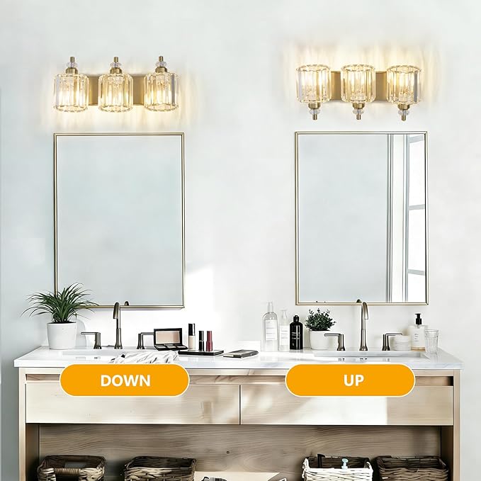 3-Light Modern Gold Bathroom Vanity Lights Brushed Brass Lighting Fixtures Over Mirror, Bathroom Vanity Lighting with Crystal Shade Wall Sconce E26 Base for Bedroom Livingroom Restroom Wall Lamp