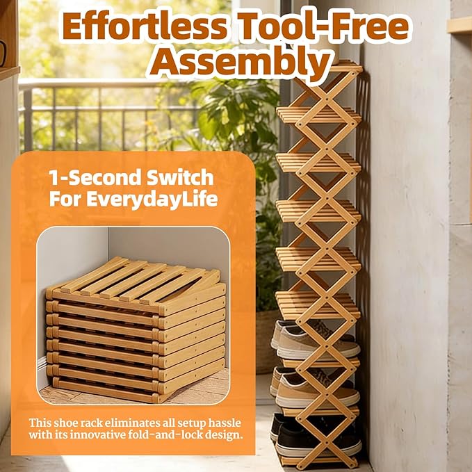 9 Tier Bamboo Shoe Rack, Heavy Duty Foldable Shelf Needing No Setup | Versatile Space-Saving & Sturdy Collapsible Bamboo Shoe Rack Organizer for Closet, Entryway, Over-Door, Dorm or Bedroom Use