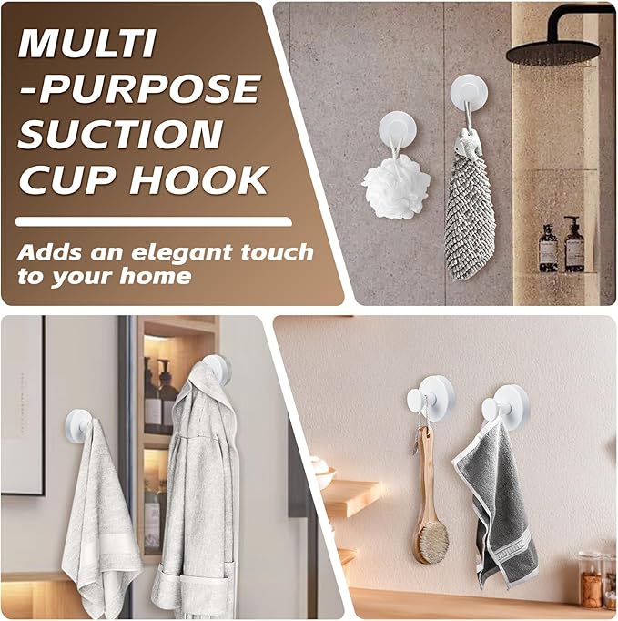 Reusable Heavy Duty Suction Cup Hooks for Kitchen/Bathroom/Shower - Wet-Proof Hooks for Towels, Robes, Loofah&Wreaths/No Drill Mounting on Glass, Tile, Metal (2, White)
