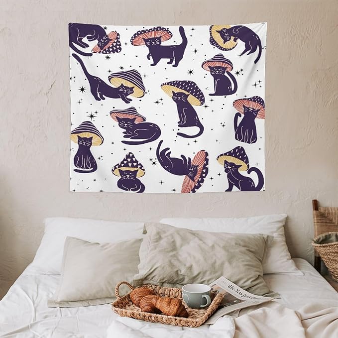 VUMIVI Funny Cat Mushroom Tapestry Retro 70s Hippie Style Cute Black Kitten Star Aesthetic Art Print Tapestry Wall Hanging for Living Room Bedroom Dorm Classroom Aesthetic Decor W60xL50in