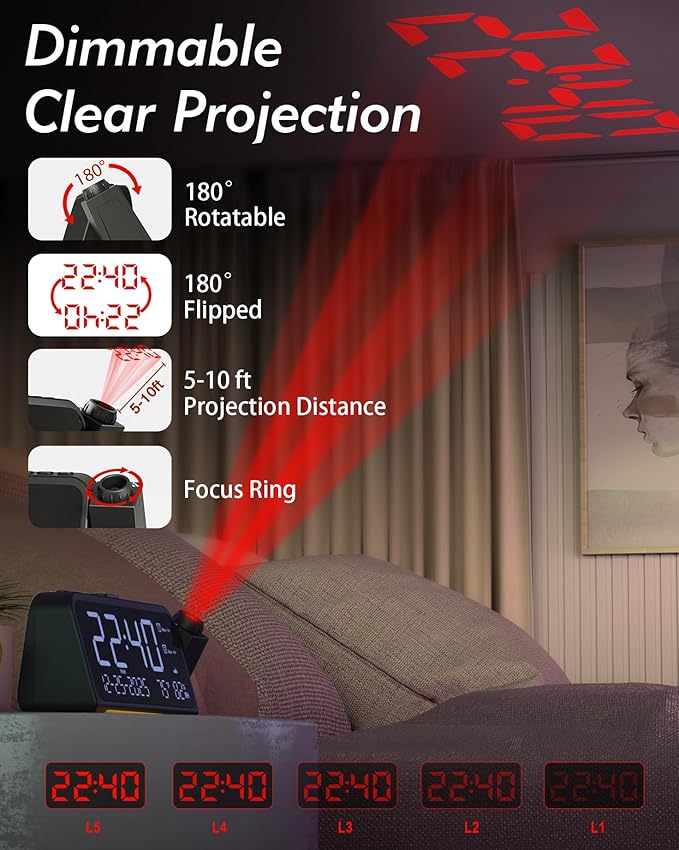 Roxicosly Projection Alarm Clock for Bedroom Ceiling, 118 dB Super Loud for Heavy Sleepers, Dual Alarm with Weekday/Weekend, Adjustable Volume, 6.7" Large Digital Dimmable Display, Easy to Read