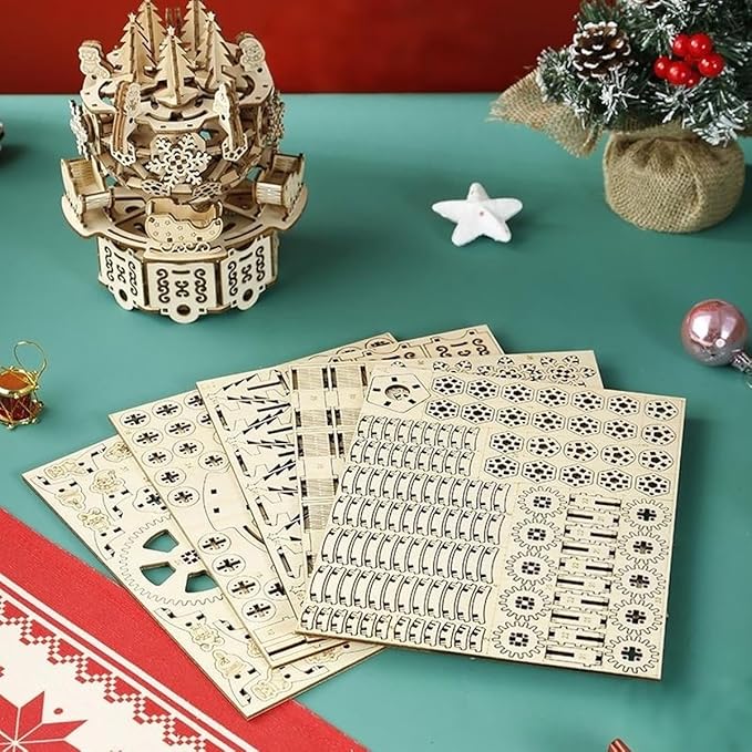 Adult 3D Wooden Christmas Music Box Assembly Kit DIY Wind-Up Mechanical Model Carousel Set Desktop Toy Birthday Gift Decorative Item Suitable for Teens 14+