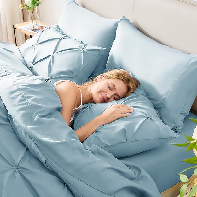 CozyLux Queen Comforter Set Light Blue, 7 Pieces Pintuck Bed in A Bag, Premium Blue Comforter Queen Size, Pinch Pleat Bedding Sets with Comforter, Sheets, Pillowcases & Shams