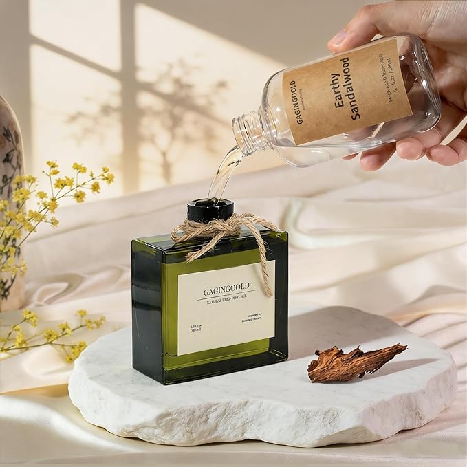 Earthy Sandalwood Scented Reed Diffuser Oil Refill with 10 Sticks, 120 Days Long Lasting for Home, Elegant Fragrance for Bathroom Bedroom Office Decor Air Fresh, 6.7 fl oz / 200 ml