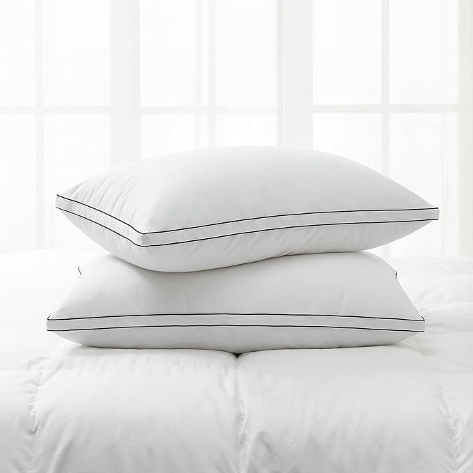 Feather Pillows Queen Size Set of 2 Goose Down Pillows with 100% Breathable Cotton Cover, Hotel Collection Bed Pillows for Sleeping, Soft Support for Back, Stomach and Side Sleepers