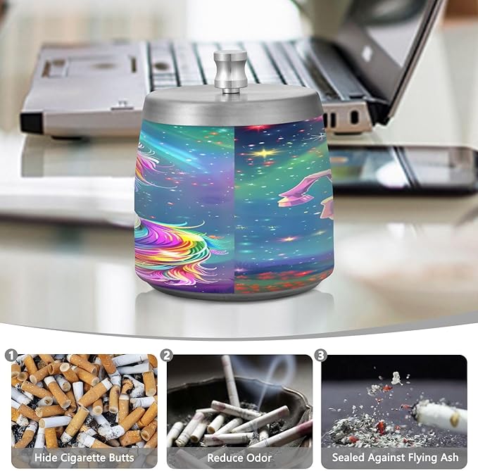 Rainbow Unicorn Ashtray with Lid, Outdoor Ashtrays for Patio, Stainless Steel Ashtray Odorless Smokeless for Home Office Balcony