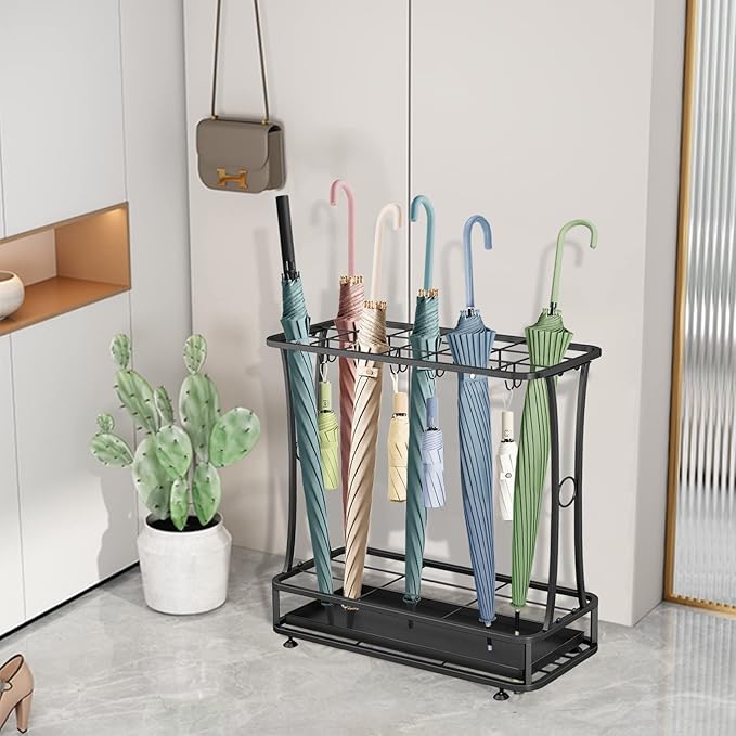 Metal Umbrella Holder Stand with Removable Drip Tray, Industrial Free Standing Umbrella Rack Organizer for Entryway Home Office Patio Decor(21 Slots 24 Hooks, Black)