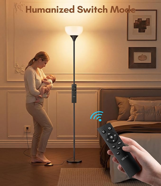 luckystyle Torchiere Floor Lamp,1200LM Dimmable Standing Lamps with Remote and Foot Switch,Custom Color Temperature Super Bright Tall Lamp for Living Room Bedroom Office,Floor Light with 12W LED Bulb