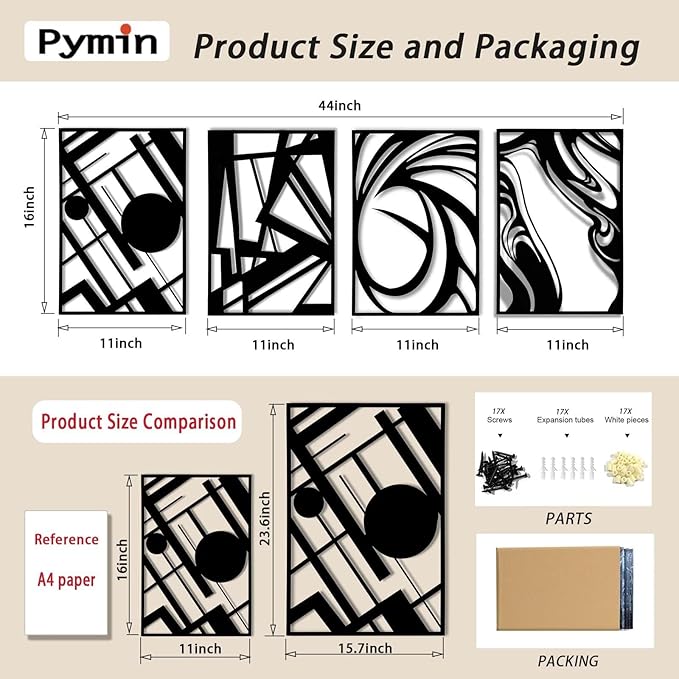 Pymin 4 Pack Modern Metal Abstract Wall Art, Minimalist Matte Black Single Line Art Décor, 3D Sculptures Textured Hanging Wall Home Decor and Shadow Effect Wall Decor for Living Room Bedroom, 16"x11"