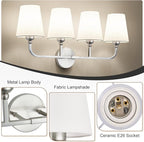 Kvhilw Bathroom Vanity Light, Brushed Nickel Bathroom Light Fixtures, 4-Light Lighting Fixtures Over Miror, Modern Wall Sconce with Flared White Fabric Shade, E26 Socket(ETL Listed)