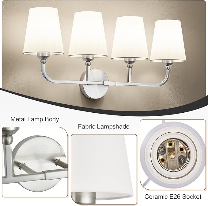 Kvhilw Bathroom Vanity Light, Brushed Nickel Bathroom Light Fixtures, 4-Light Lighting Fixtures Over Miror, Modern Wall Sconce with Flared White Fabric Shade, E26 Socket(ETL Listed)
