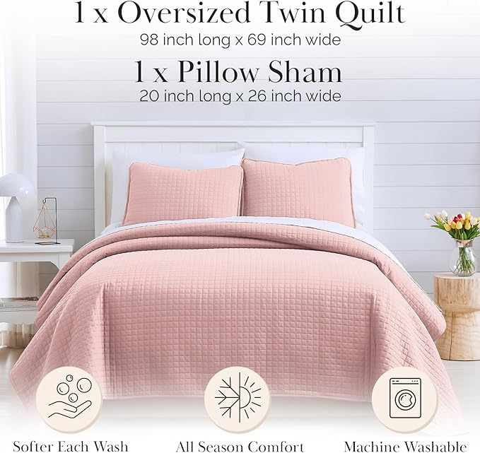 Southshore Fine Living, Inc. Stitched Twin XL Comforter Quilt Bedding Set, Dorm Room Bedding, Stain Resistant, Machine Washable Bedspread, XL/Twin Pink Quilt Bed Spread w/Pillow Sham, Pastel Pink