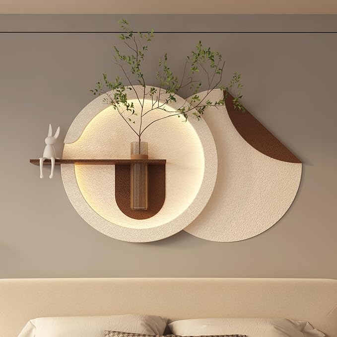 LED Sandstone Wall Decor, 3D Wall Art Sculpture, Simulated Green Plants, Glass Vase & Rabbit Statue, Remote Control 3 Color Light, for Living Room, Bedroom, Hallway(Light Coffee,41.4 * 23.6in)