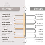 MORALVE Pants Hangers Space Saving - 2 Pack European Beechwood Scarf and Jean Hangers - Closet Organizer and Space Saver Pant Rack, Leggings Hanger, and Scarf Holder with 360° Swivel Hook