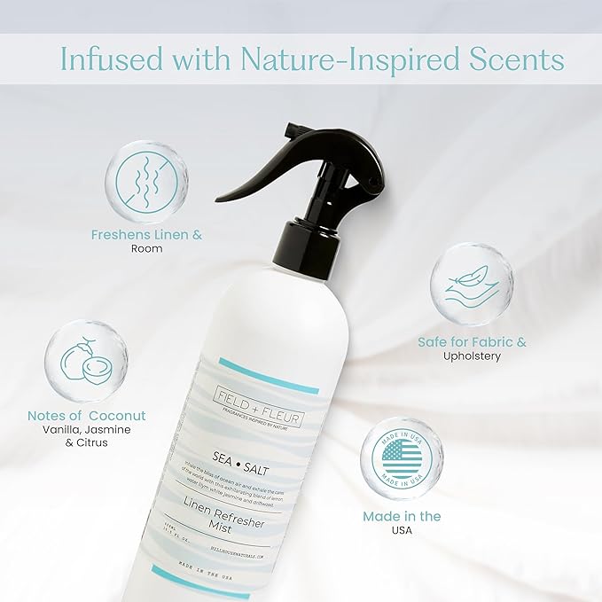 FIELD FLEUR Sea Salt Linen & Room Spray 15.5 oz - Aromatic & Refreshing Bedding & Fabric Mist - Air Freshener for Clothes & Sofas - Notes of Lemon, Water Lily, Jasmine & Driftwood - Made in USA