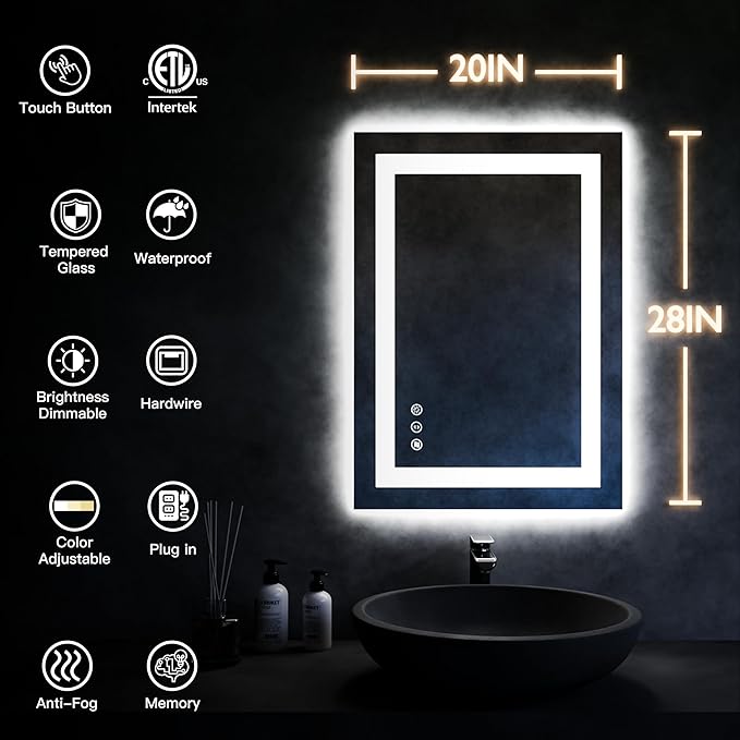 ISKM 20'' x 28'' LED Mirror for Bathroom Lighted Vanity Mirror for Wall Front Lights + Backlit LED Bathroom Mirror Anti-Fog Tempered Glass ETL Listed